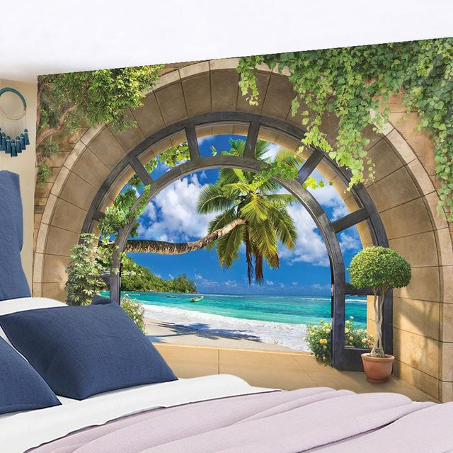 Boho Wandteppich Super Six mit Psychedelic Landschaft und Sternenhimmel in Grau und Multicolour, B: 95 cm, H: 70 cm - Bild 1