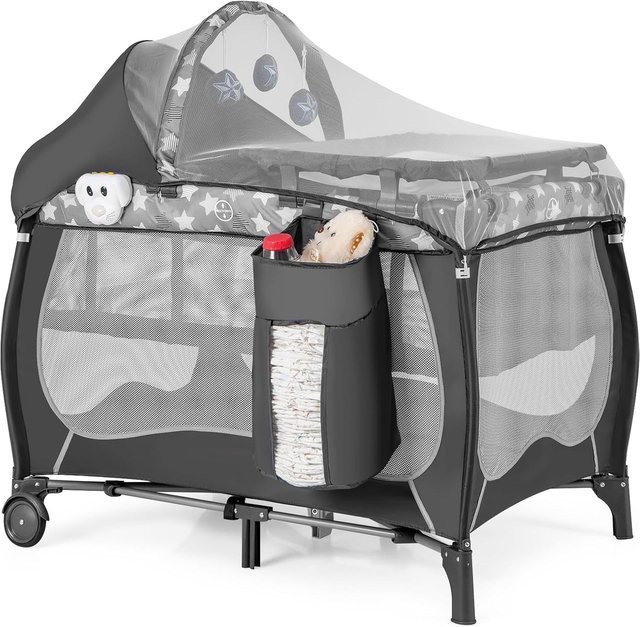 COSTWAY 5-in-1 Reisebett klappbar mit Wickeltisch und abnehmbarem Stubenwagen in Grau - Bild 1