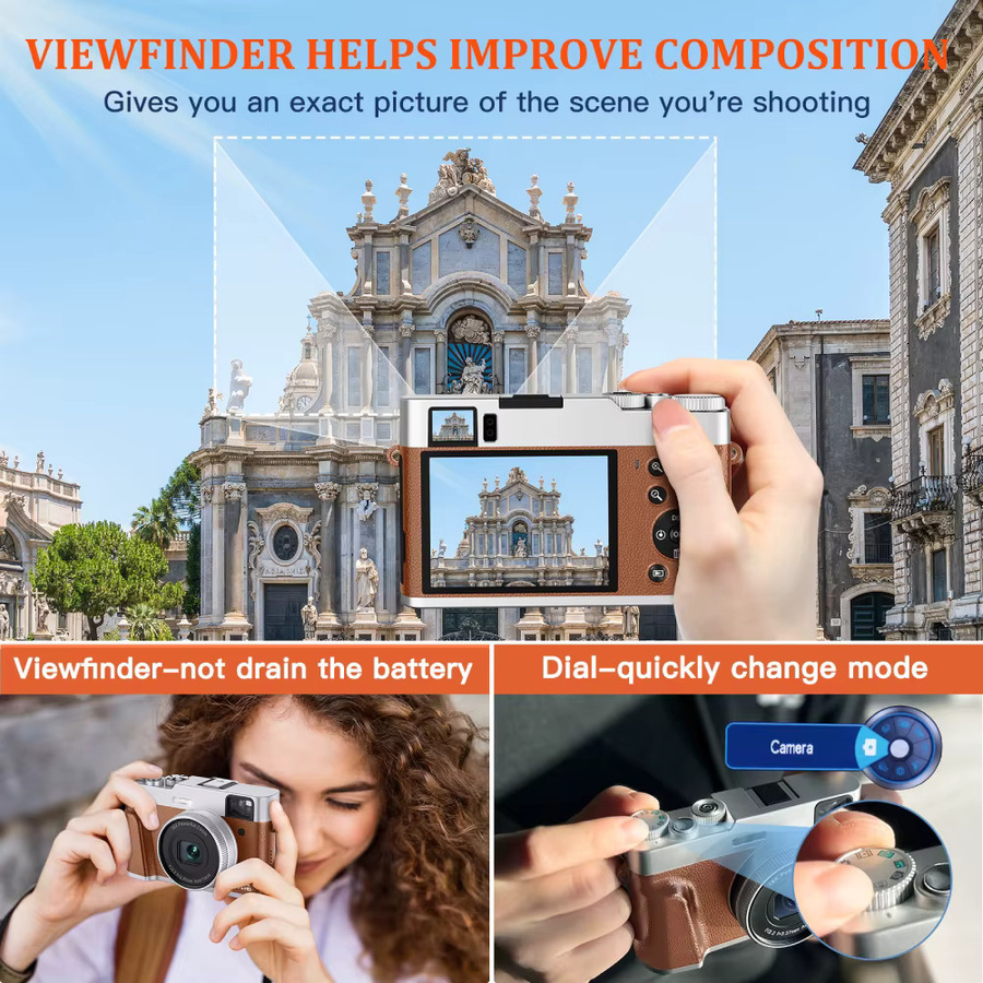 MELCAM 4K Digitalkamera mit Autofokus und 48 MP, spiegellose Vlogging-Kamera für YouTube in Braun mit Anti-Shake-Funktion und Sucherblitz - Bild 4