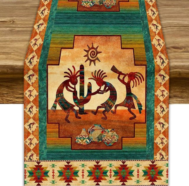 JINGYUE Pet Tischläufer aus Leinen mit afrikanischem Kokopelli- und Aztekendesign in Blau/Mehrfarbig, B: 150 cm, T: 33 cm - Bild 1