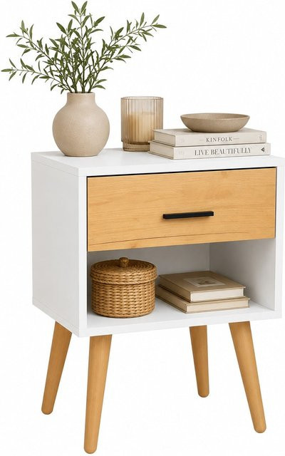 VCM Nachttisch Singol XL im Retro-Design mit Schublade und Ablagefach, Weiß, B/T/H: 45 x 30 x 70 cm - Bild 1