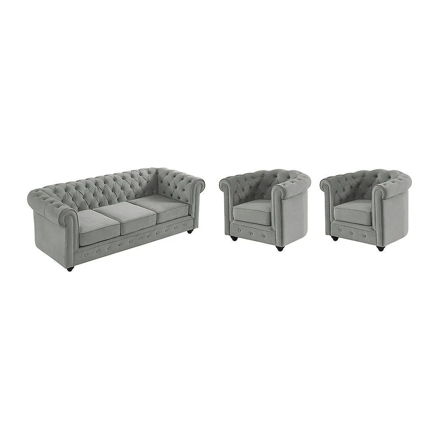 Vente-unique Chesterfield Couchgarnitur aus Samt und Stoff in Hellgrau bestehend aus einem 3-Sitzer-Sofa und einem Sessel mit Breite: 205 cm und Tiefe: 82 cm - Bild 2