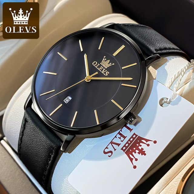 OLEVS Armbanduhr Quarz, Lederarmband, Schwarz, Herren - Bild 1
