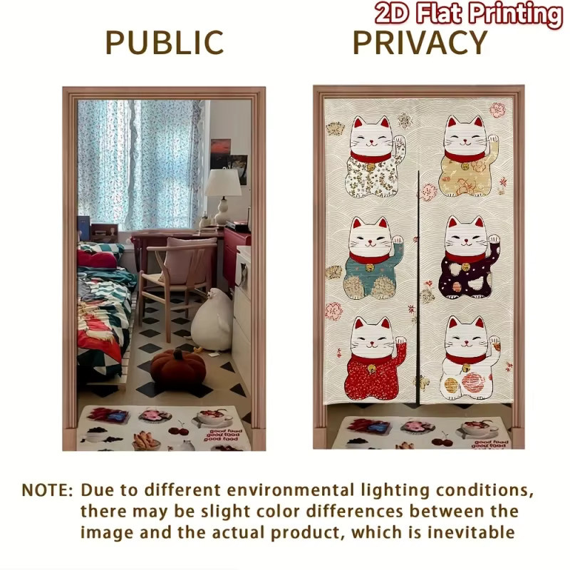 VIKAMA Halbvorhang im japanischen Stil mit Glückskatzen-Motiv, halbtransparenter Sichtschutz für die Küche, Multicolour - Bild 4