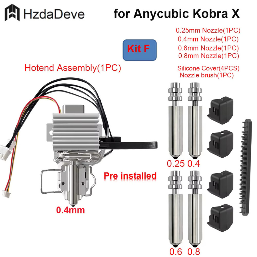 Anycubic Kobra X Hotend-Heizbaugruppe mit Düsen in 0,25/0,4/0,6/0,8 mm, Silikonabdeckung und Düsenbürste - Bild 2