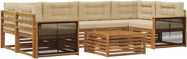 vidaXL Outdoor-Sofagarnitur L-Form aus Akazienholz mit 7 Kissen in Natur und Beige - Bild 1