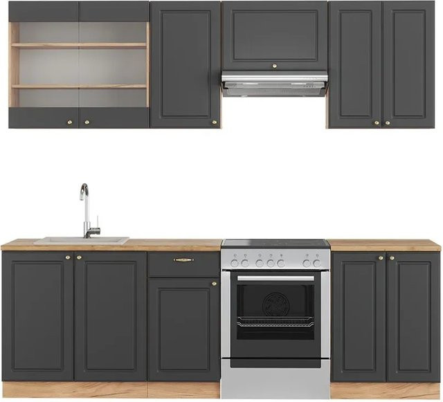 Vicco Fame-Line Küchenschrank Landhausstil in Anthrazit und Eiche mit Soft-Close-Türen, Breite: 240 cm - Bild 1