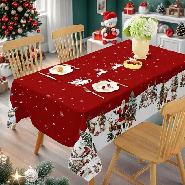 VIKAMA Weihnachtstischdecke aus Leinen, rot, rechteckig, ölbeständig und fleckabweisend - Bild 1