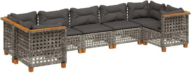 vidaXL 7-tlg Garten-Sofagarnitur in L-Form aus Polyrattan und Akazienholz mit Kissen, Grau - Bild 1