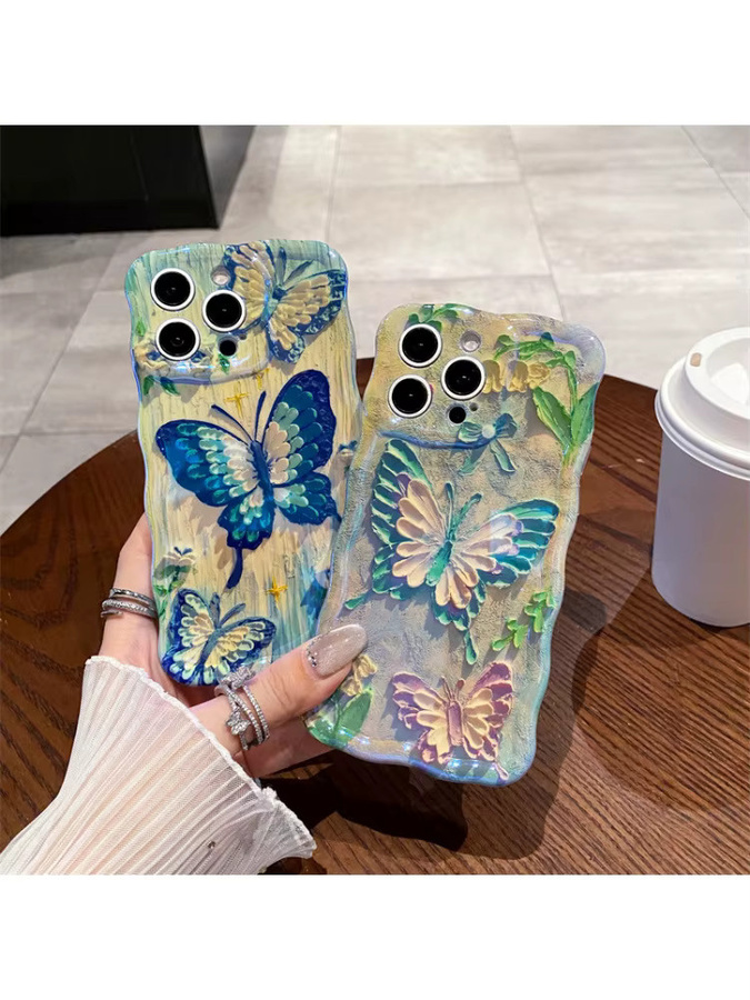 MUQGEW Schutzhülle für iPhone 15 14 13 12 Pro Max mit blauem Schmetterlings-Ölgemälde-Design aus stoßfestem Silikon - Bild 3