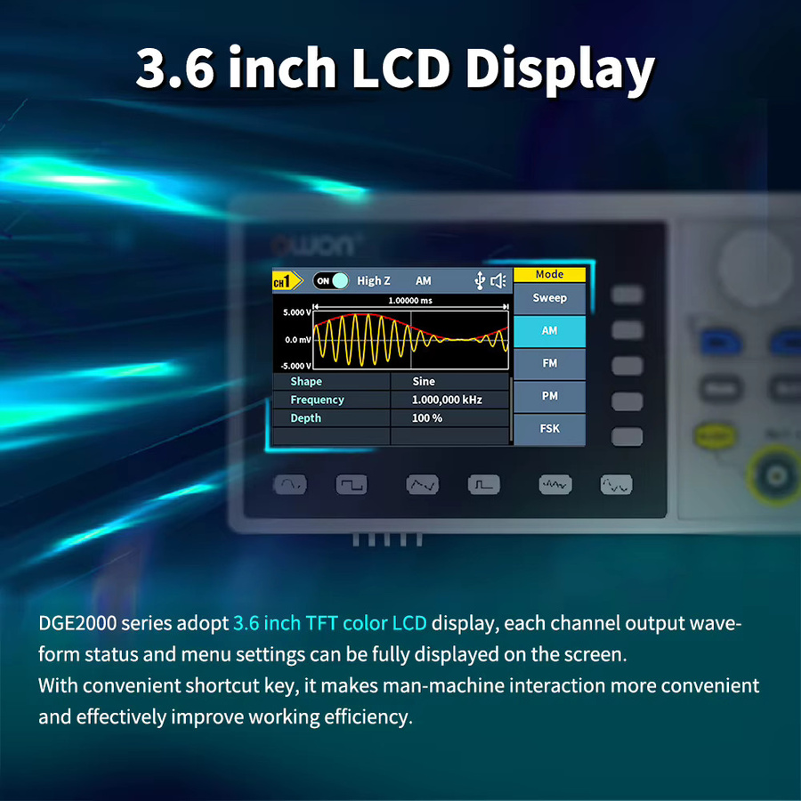 OWON DGE2035 DGE2070 2-Kanal-Wellenformgenerator mit 3,6-Zoll-Farbdisplay und Multi-Wellenform-Ausgang als Labor-Frequenzsignal-Tester - Bild 2