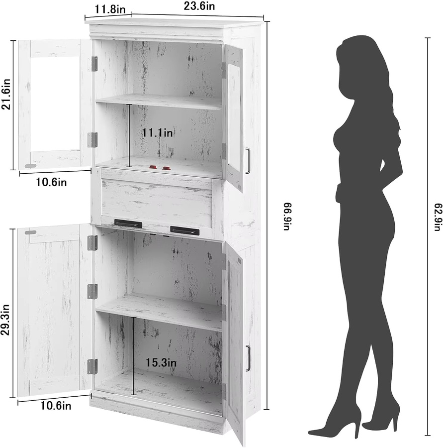 HiMISS 4-türiger Badezimmerschrank in Weiß mit Glastüren und Schubladen, MDF-Konstruktion, Höhe: 170 cm - Bild 2