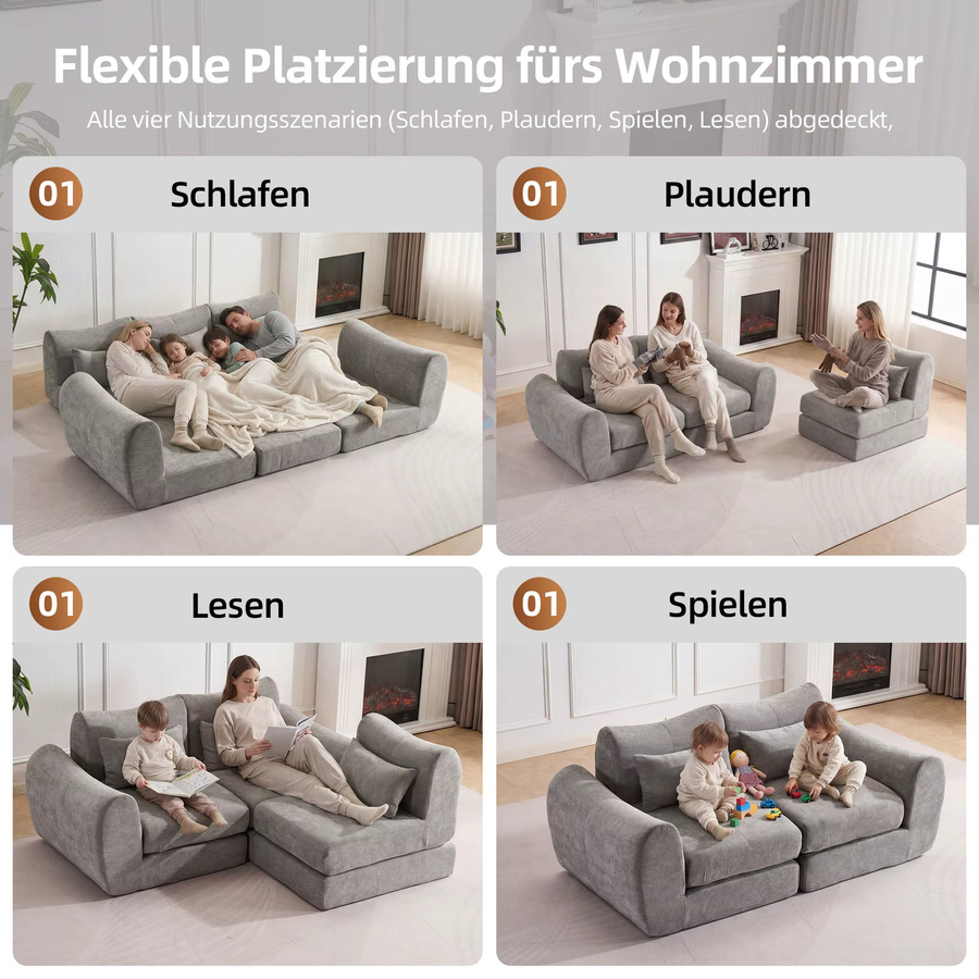 Vankel Schlafsofa als 3-Sitzer mit Armlehnen aus Chenille in Grau und Schwarz, wendbar und frei kombinierbar - Bild 2
