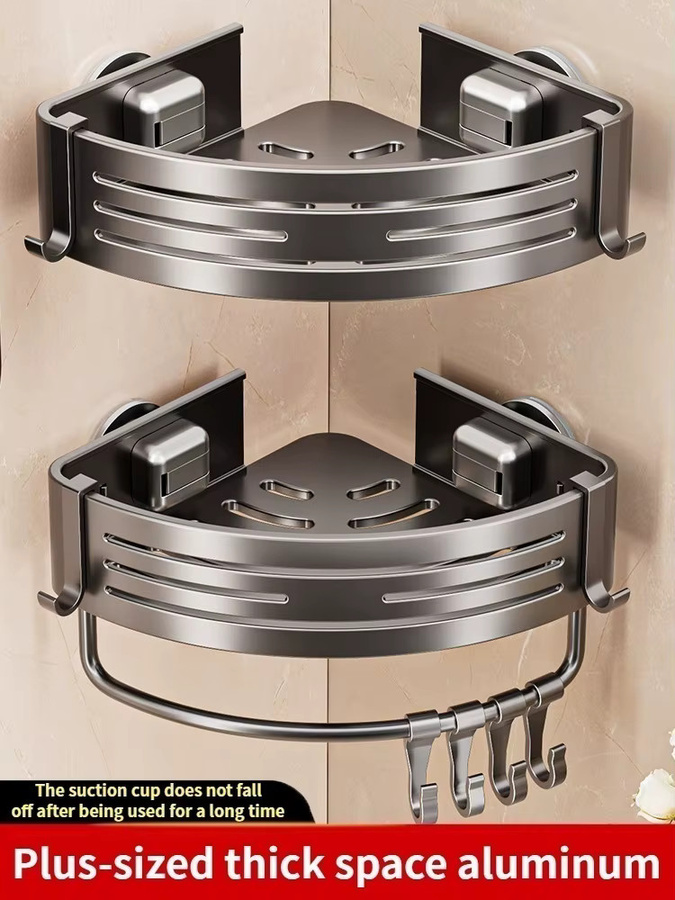 YUNJIEYA Eckregal für das Badezimmer aus Aluminium, dreieckiges Saugnapf-Regal in Grau Matt, Wandmontage ohne Bohren - Bild 2