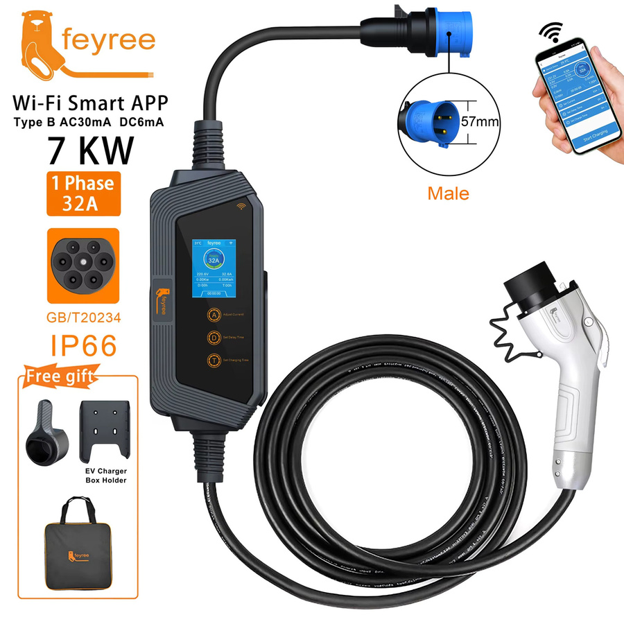 Feyree Einstellbares EV-Ladegerät 7KW 32A mit GBT-Steckdose, Bluetooth-App-Steuerung und Ladezeitsteuerung, Schwarz - Bild 2