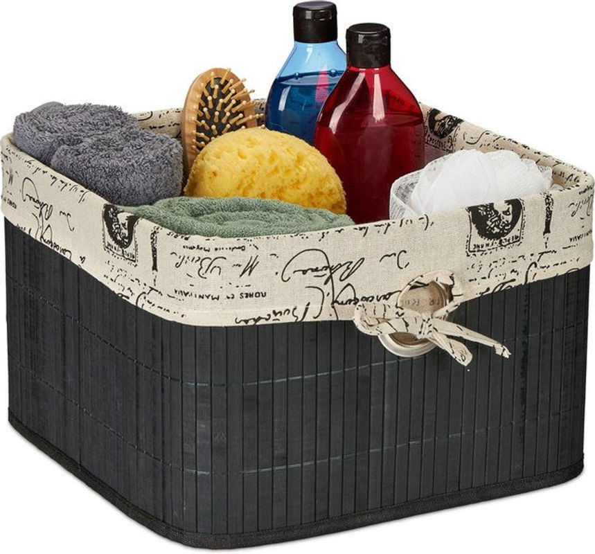 Relaxdays Aufbewahrungskorb aus Bambus und Textil in Schwarz/Creme, rechteckiges Körbchen mit Griffloch, H x B x T: 31 x 20 x 31 cm - Bild 1