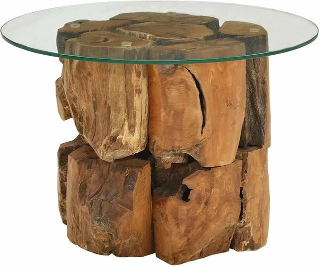 vidaXL Couchtisch aus Teak-Treibholz und Hartglas in Braun, rund, Durchmesser: 60 cm, Höhe: 40 cm - Bild 1