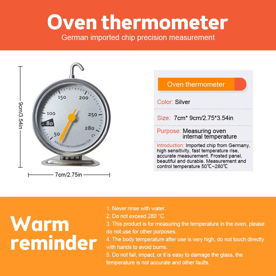 Aideepen Edelstahl-Ofenthermometer in Silber mit großem Zifferblatt zum Backen, Grillen und Kochen - Bild 2