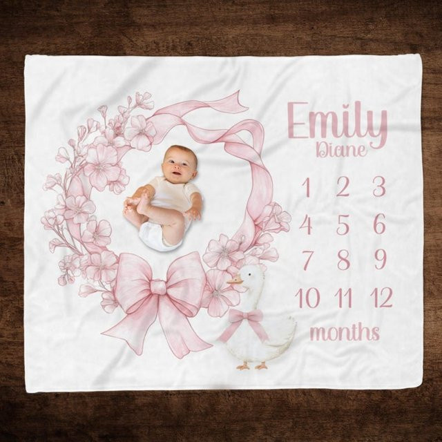 VIKAMA Baby Fotografie-Decke mit rosa Schleife und Blumenkranz-Druck für Neugeborene und Taufe - Bild 1