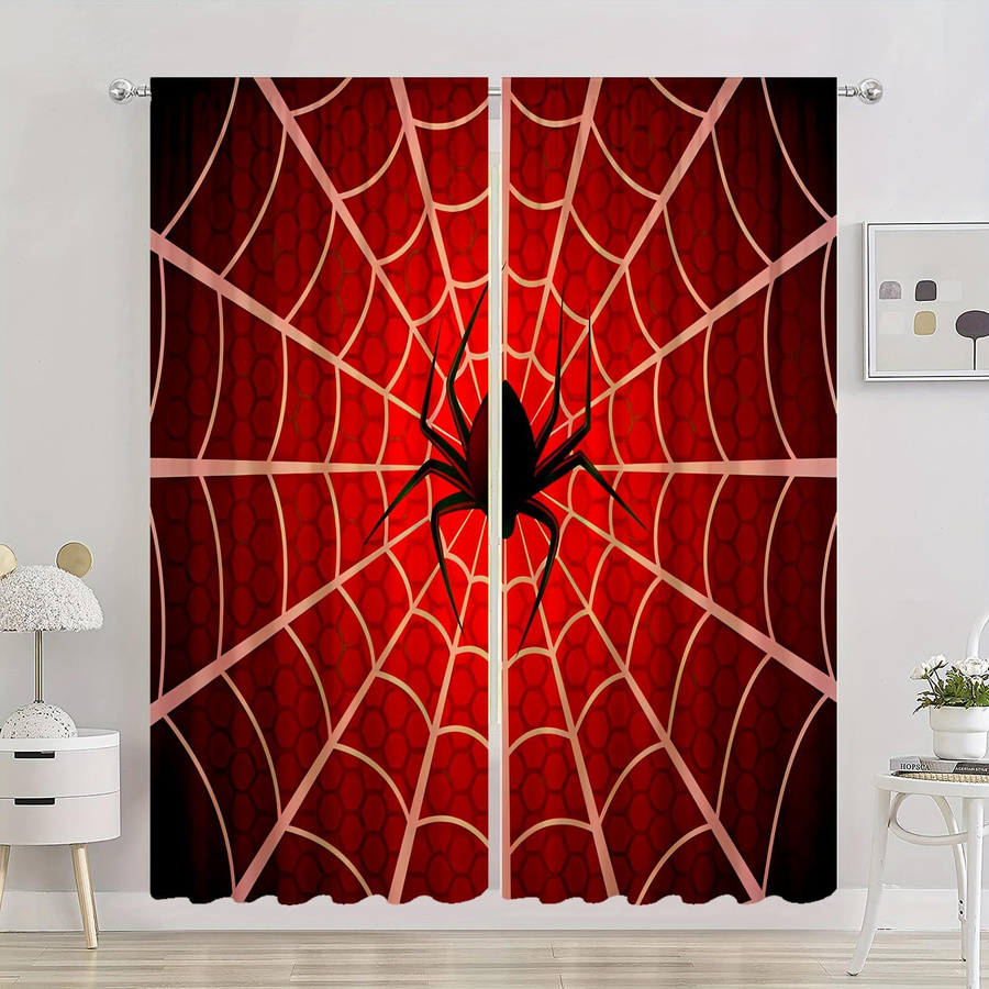 Yiran Furniture Vorhänge mit Spinnen-Motiv in Schwarz und Rot, 2er-Set, halbtransparent, Polyester, B: 100 cm, H: 130 cm - Bild 1