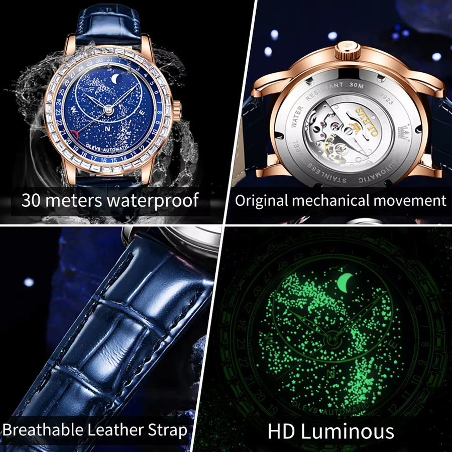 OLEVS Armbanduhr Automatik, Leder, Blau, Herren - Bild 5