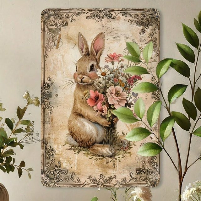 CIFBUY Wand-Metallschild im Vintage-Stil mit Oster-Kaninchenmotiv und floraler Illustration, Beige, B/H: 30,0 x 20,0 cm - Bild 1