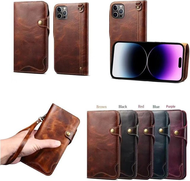 EUCAGR Echtes Leder Brieftasche Handyhülle mit Handschlaufe für iPhone Modelle in Lila oder Braun - Bild 1