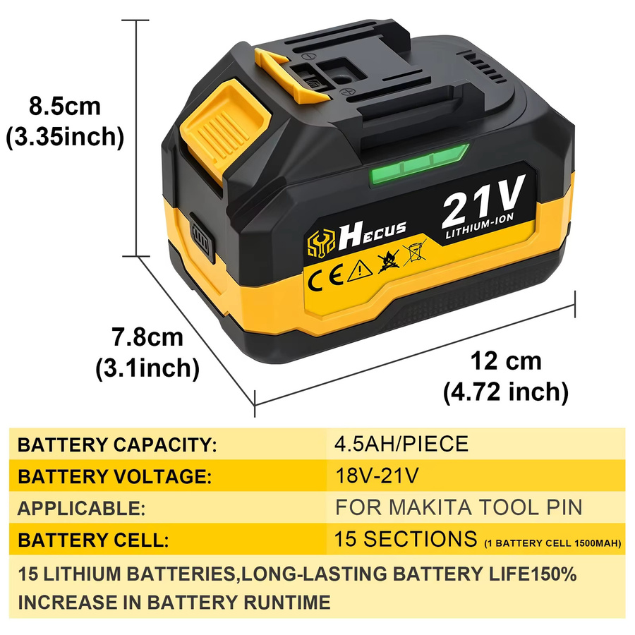 Hecus Wiederaufladbarer Lithium-Ionen-Akku mit LED-Anzeige, 4.0Ah/4.5Ah Elektrischer Akkupack in Schwarz, Kompatibel mit Makita 18V Akkuwerkzeugen wie Schraubenschlüssel und Säge - Bild 6