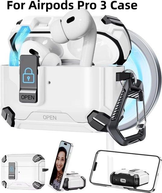 Stoßfeste Schutzhülle für Apple AirPods Pro 3 Generation mit Sicherheitsschloss und Haken in Weiß - Bild 1