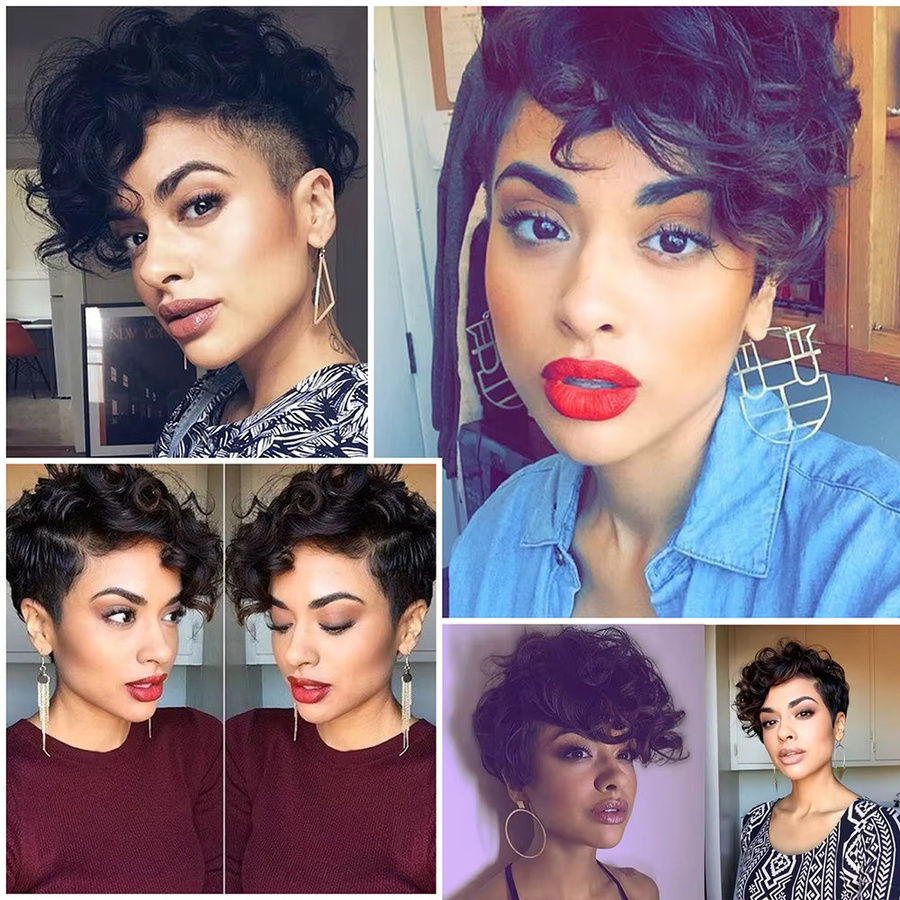 OYM HAIR Pixie-Perücke, Echthaar, Schwarz, Lockig, Damen - Bild 3