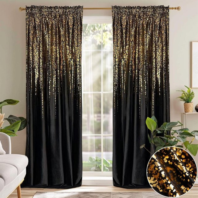 Verdunkelungsvorhang von FLYINGCURTAINS aus Samt mit Schlaufenbündchen und Heißprägung in Gold-Schwarz, Breite: 140 cm, Höhe: 230 cm - Bild 1