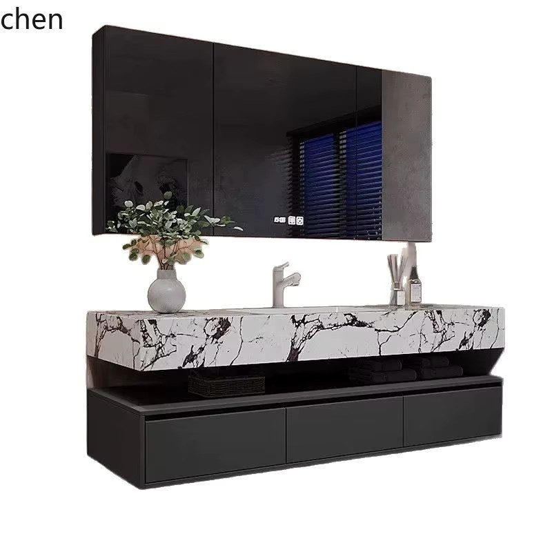 YFY Badezimmer-Waschbecken-Set mit modernem Keramik-Waschbecken und wandhängendem Unterschrank in Weiß mit LED-Beleuchtung - Bild 3