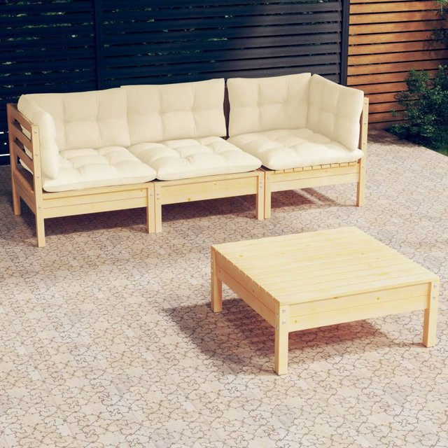 vidaXL 4-tlg Garten-Lounge-Set aus Kiefernholz mit cremefarbenen Kissen in L-Form - Bild 2