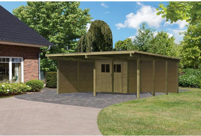 Karibu Doppelcarport Eco 2 mit Abestellraum aus Nadelholz und PVC-Dachplatten, B/T: 527 x 576 cm - Bild 1