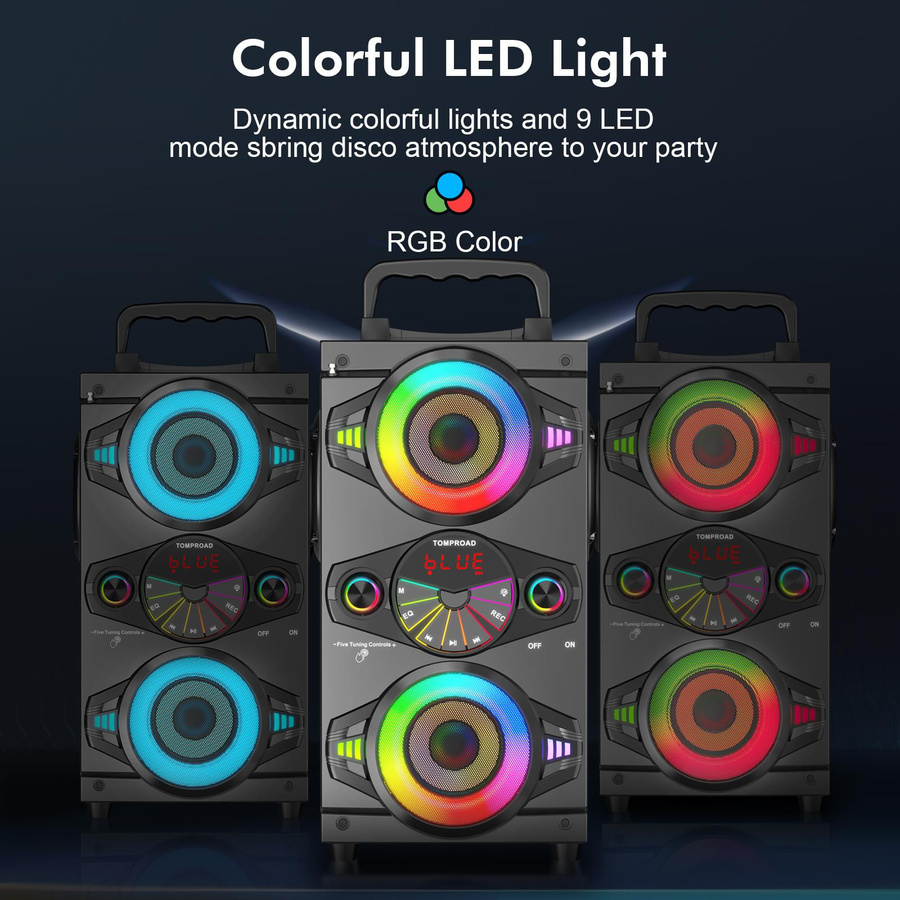TOPROAD Bluetooth-Lautsprecher 60 W mit Subwoofer, LED-Leuchten, FM-Radio und Mikrofon, Schwarz - Bild 3