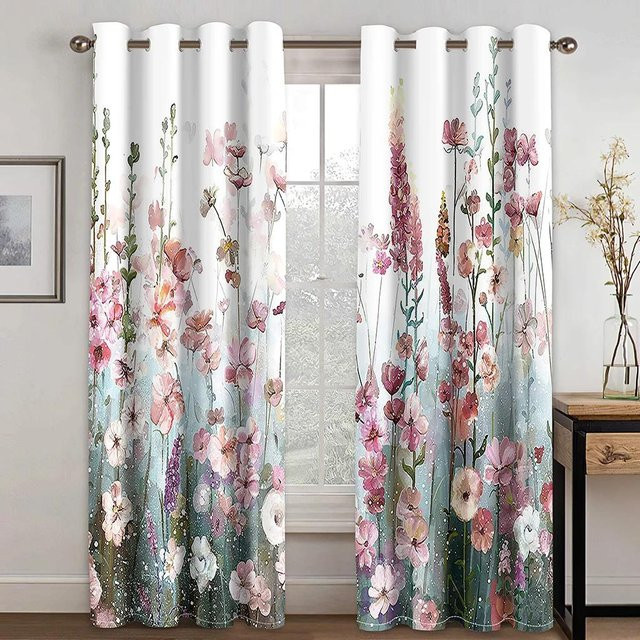 Elegante moderne Vorhänge mit Blumenmuster in Multicolour, 2er-Set, semi-transparent, B: 70 cm, H: 185 cm - Bild 1