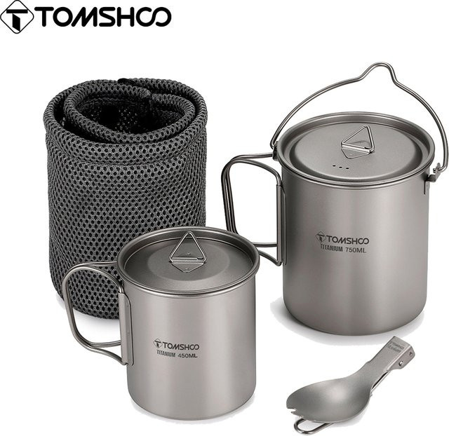 Tomshoo 3-teiliges Titan-Kochgeschirr-Set in Silber mit 750 ml Topf, 450 ml Wassertasse und Becher mit Deckel sowie zusammenklappbarem Spork für Outdoor und Camping - Bild 1