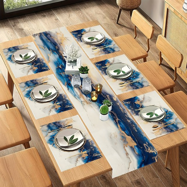 VIKAMA 7-teiliges Luxus-Tischset mit Marmormuster in Blau, Weiß und Gold bestehend aus Tischsets und Tischläufern - Bild 1