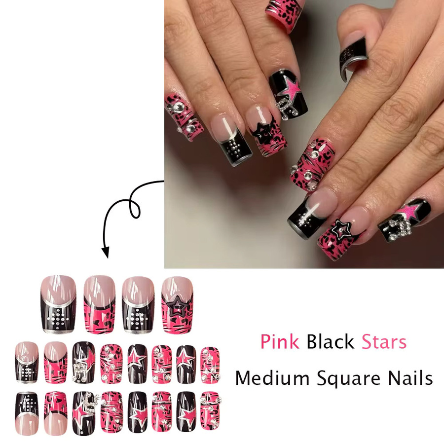 YADORNOS Künstliche Nägel, Pink Black Stars, Glänzend, 24 Stück - Bild 3