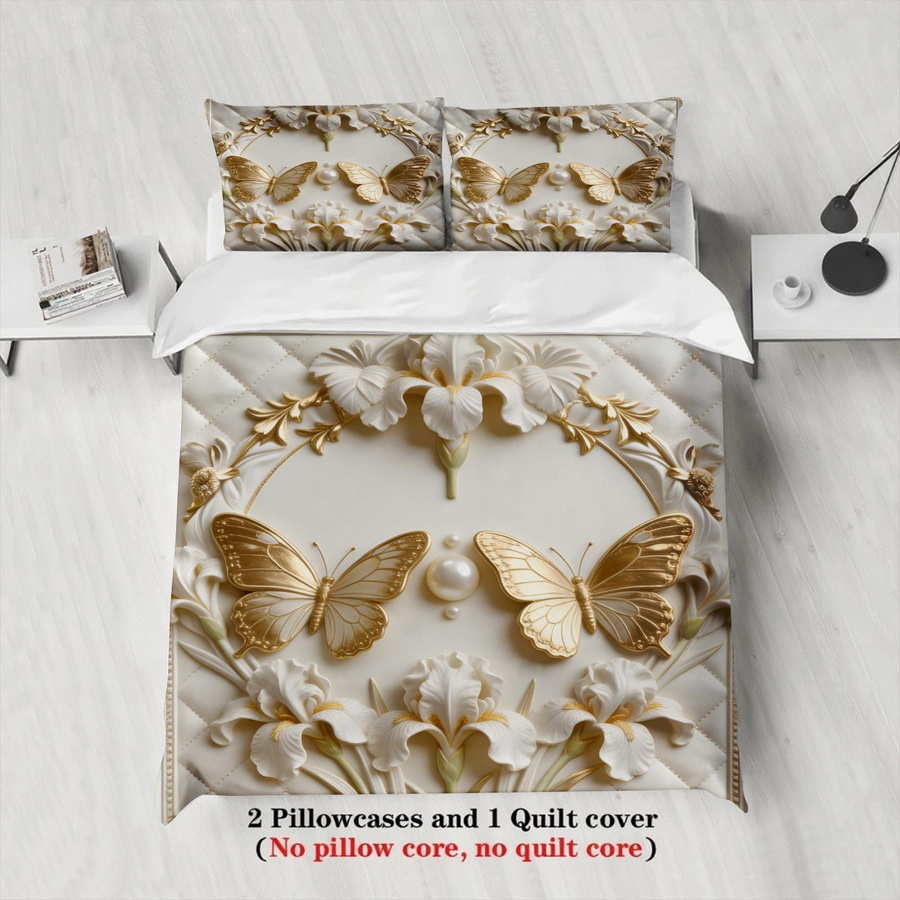 Elegantes gestepptes Bettwäsche-Set aus Mikrofaser in Weiß und Gold mit Schmetterlings- und Blumenmuster, bestehend aus Bettbezug und Kissenbezügen, B/H: 200 x 200 cm - Bild 3