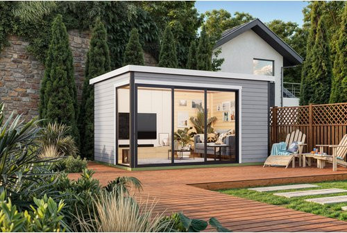 Lasita Gartenhaus Austin Blockbohlenhaus mit Flachdach in Lichtgrau, B/H/T: 439,6 x 239,4 x 319,6 cm - Bild 1