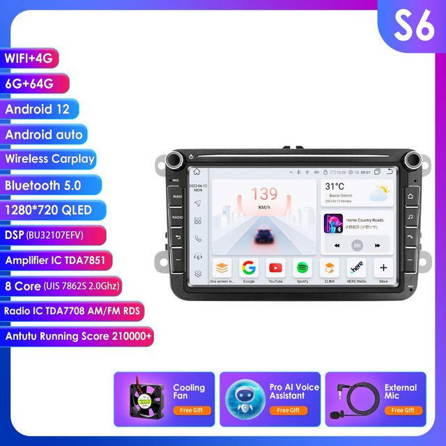 Ossuret S6 Multimedia-Player Android 13 mit Carplay und GPS, 8-Core 6G 64G Autoradio für Volkswagen Golf 5, Transporter, Passat B6, Polo, Jetta sowie Skoda und Seat, Schwarz - Bild 1
