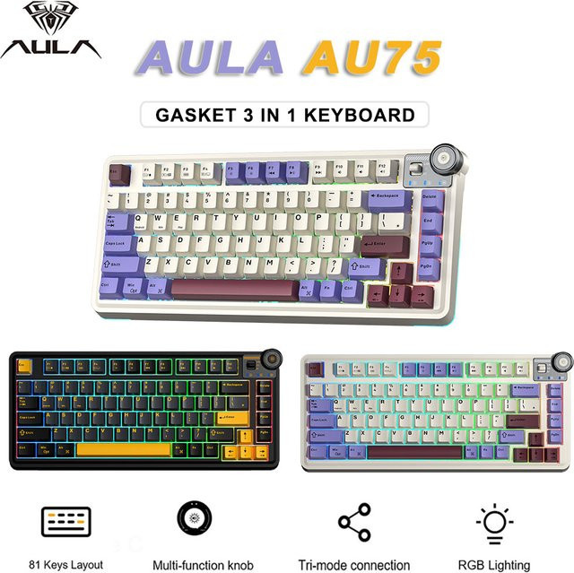 AULA AU75 Gaming Mechanische Tastatur mit RGB, Hot-Swappable, 81 Tasten, 2,4G/Bluetooth/Kabelgebunden, Schwarz-Grau-Gelb - Bild 1