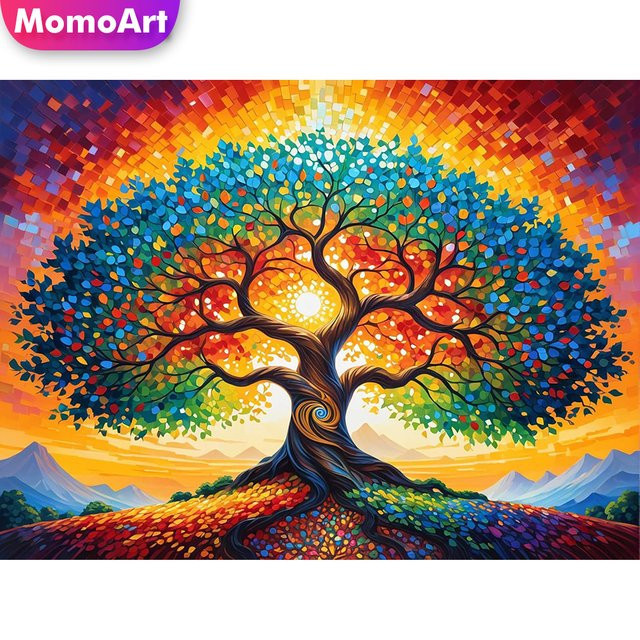 Momoart Diamant-Mosaik DIY Set Baum-Landschaft Abstrakt in Multicolour mit runden Steinen B/H: 20 x 20 cm - Bild 1