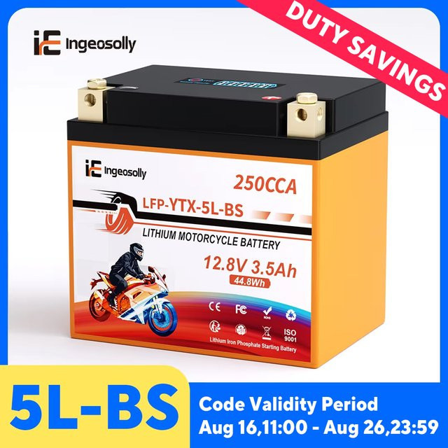Ingeosolly 5L-BS 12V 3,5Ah LiFePO4 Motorradbatterie mit BMS und Spannungsanzeige für ATV, Roller, Yamaha, Honda und Suzuki, CCA 250A - Bild 1
