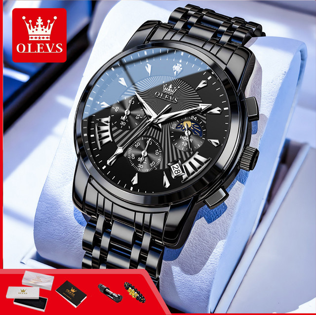 OLEVS Chronograph, Quarz, Edelstahl, Schwarz, Silber, Herren - Bild 1