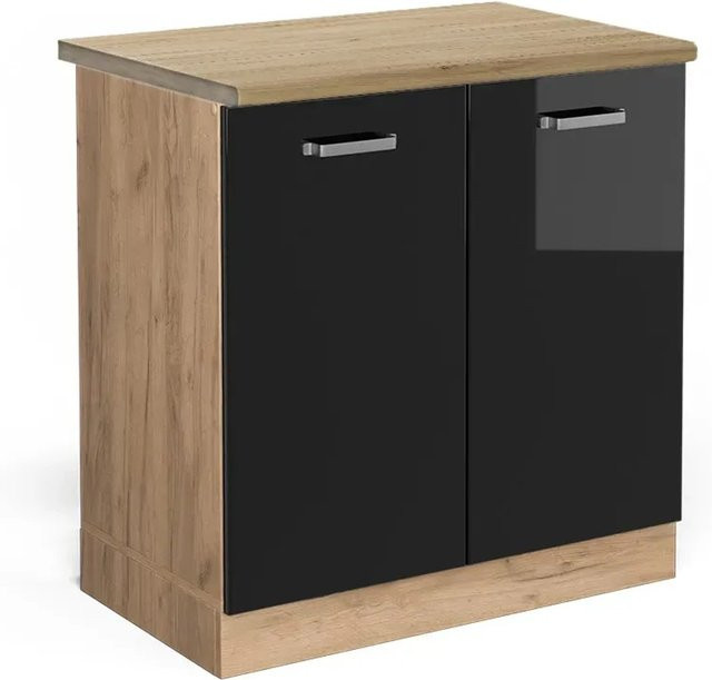 Vicco Spülenunterschrank R-Line in Schwarz Hochglanz und Goldkraft Eiche, B/T/H: 80 x 60 x 81,6 cm - Bild 1