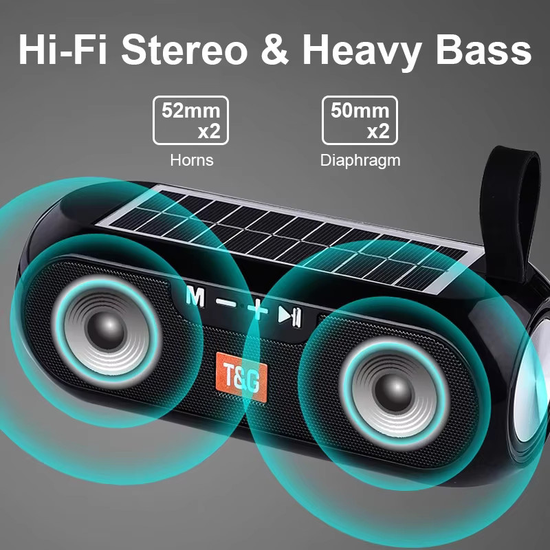 T&G Solar Radio mit Bluetooth und FM Funktion, Tragbarer Outdoor Lautsprecher mit Subwoofer Bass und Aux Anschluss für PC, TV und Hifi Stereo, Erhältlich in Schwarz und Rot - Bild 2