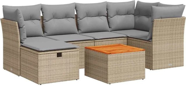 vidaXL 7-tlg. Garten-Sofagarnitur aus Polyrattan in L-Form mit Kissen und Couchtisch, Beige - Bild 1