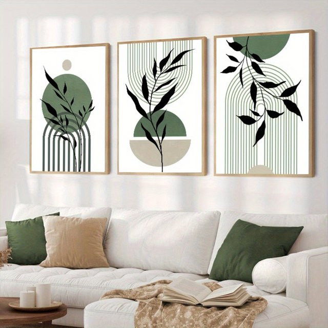 3er Set Potdemiel Boho Wandkunst Abstraktes Mid-Century Poster in Salbeigrün, Schwarz und Beige mit botanischen Motiven - Bild 1